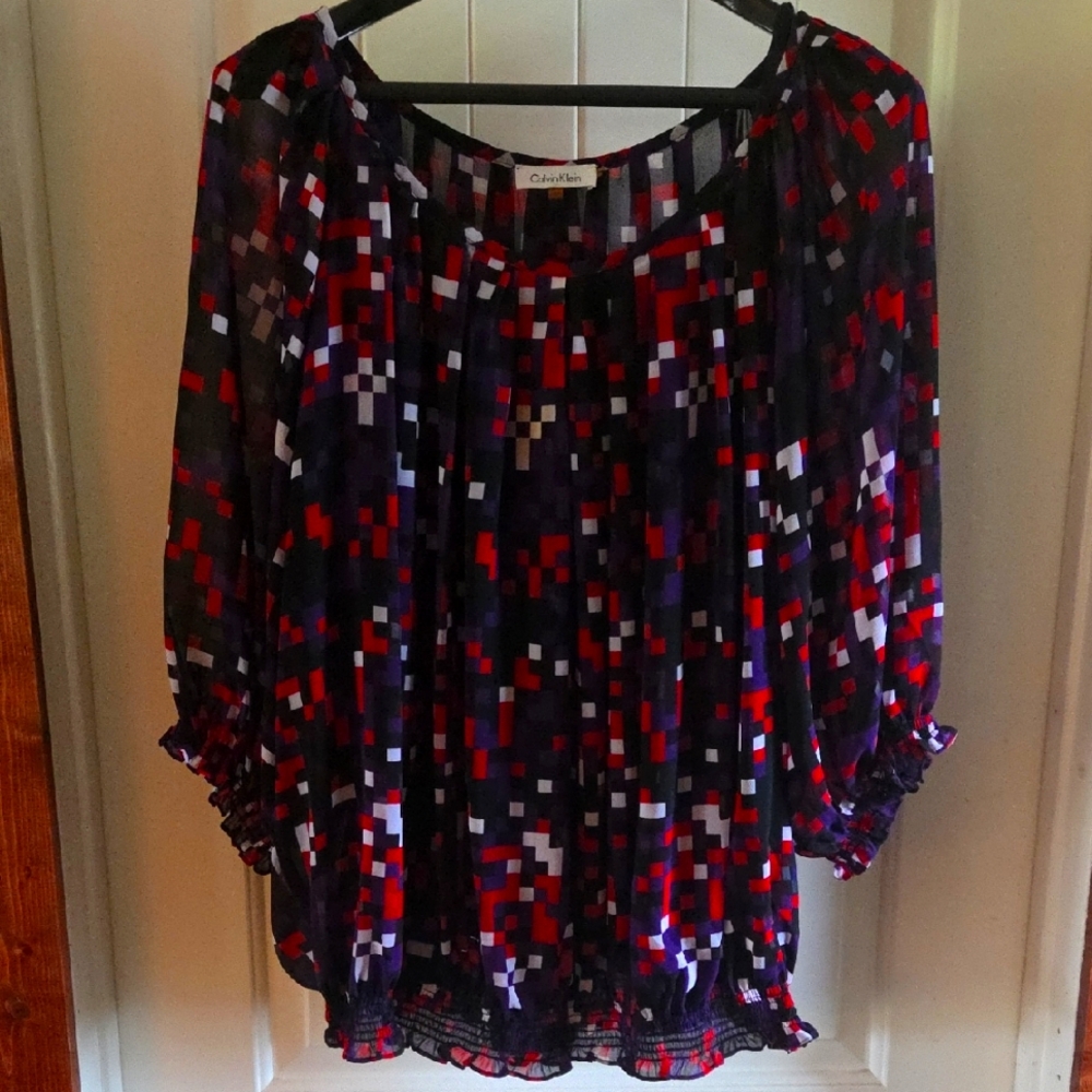 Calvin Klein Women's Red and Purple Patterned Blouse